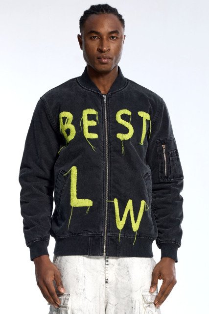 Custom Oversized Black Denim Bomber - Fringed Letter Embroidery High Street Coat