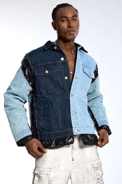 Custom Vintage Denim Jacket - Two-Tone Wash & Puffer Sleeve Detail Streetwear Coat