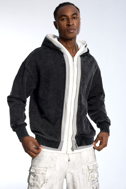 Custom Vintage Black Washed Hoodie - Oversized Fit & Contrast Trim Streetwear Jacket