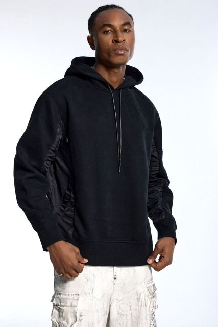 Custom Oversized Black Hoodie - Quilted Nylon Sleeve Detail High Street Sweatshirt