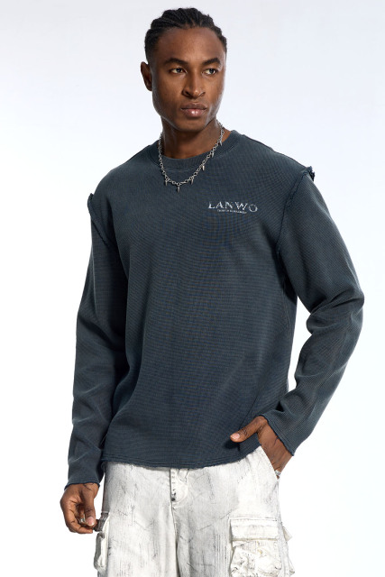 Custom Oversized Dark Grey Long Sleeve - Waffle Knit & Raw Edge Detail High Street Top