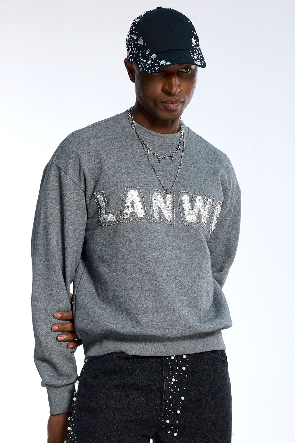 Custom Oversized Grey Sweatshirt - Rhinestone & Pearl Letter Detail High Street Sweatshirt