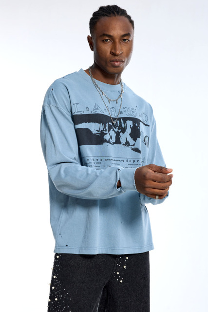 Custom Oversized Light Blue Long Sleeve - Distressed Hole & Graphic Detail High Street Top