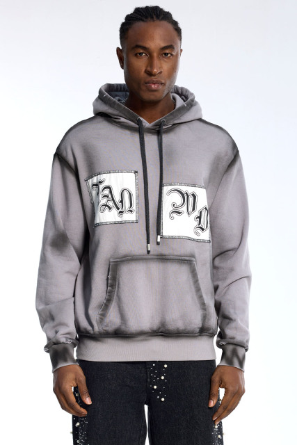 Custom Oversized Grey Hoodie - Gradient Wash & Gothic Letter Patch Detail High Street Sweatshirt