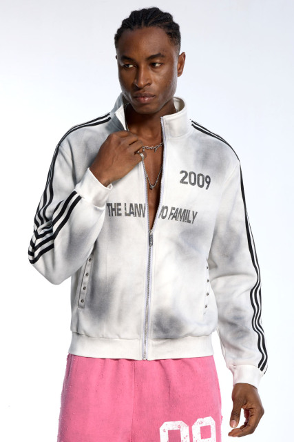 Custom Oversized White Track Jacket - Gradient Wash & Stripe Detail High Street Coat