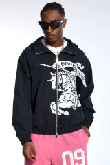 Custom Oversized Black Windbreaker - Knight Print & Hooded Detail High Street Coat