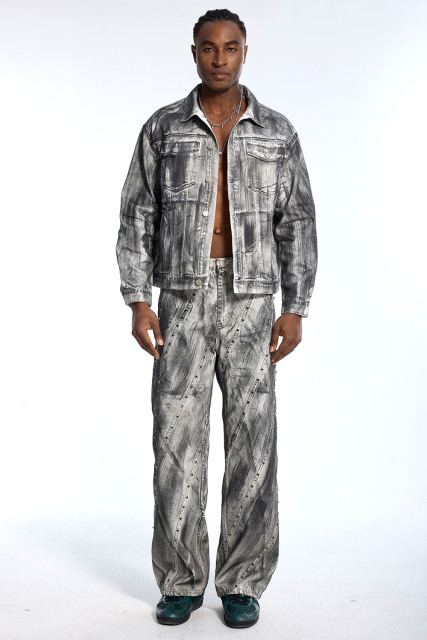 Custom Oversized Denim Jacket & Jeans Set - Vintage Wash & Stud Detail High Street Suit