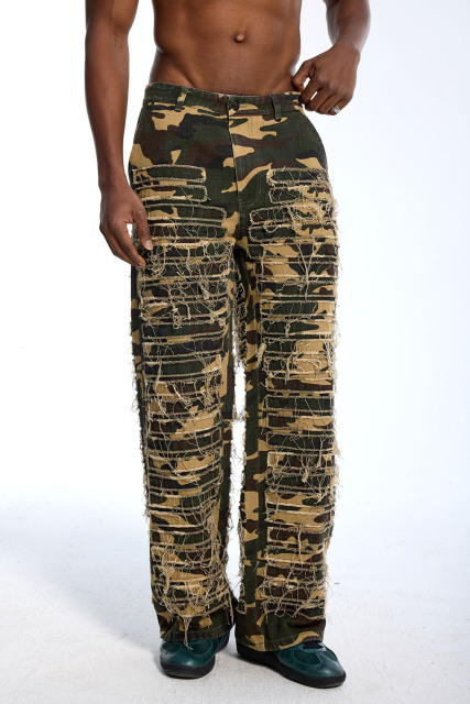 Custom Oversized Camo Jeans - Distressed Fringe & Patch Detail High Street Trousers