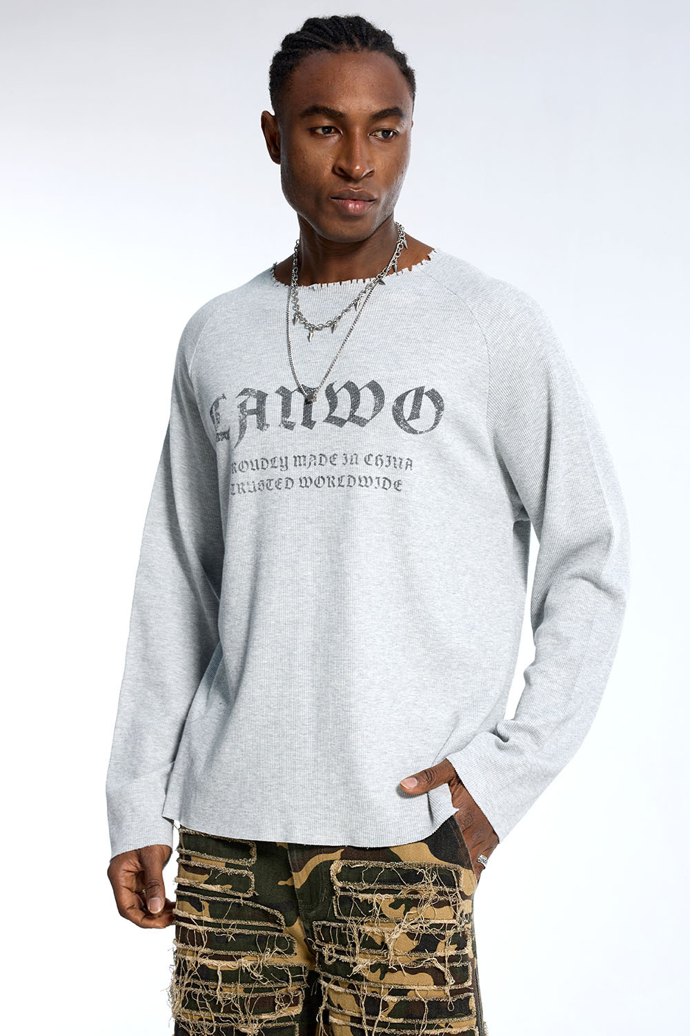 Custom Oversized Grey Long Sleeve - Raw Edge Neck & Gothic Print Detail High Street Top