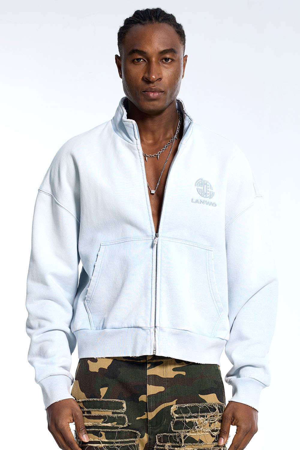 Custom Cropped Light Blue Sweatshirt - Washed Finish & Embroidered Logo Detail High Street Top