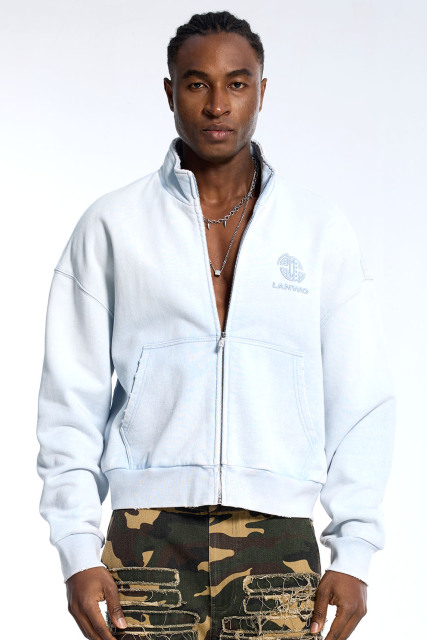 Custom Cropped Light Blue Sweatshirt - Washed Finish & Embroidered Logo Detail High Street Top