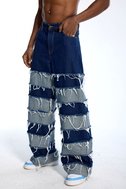 Custom Oversized Wide-Leg Jeans - Layered Patch & Fringe Detail High Street Trousers