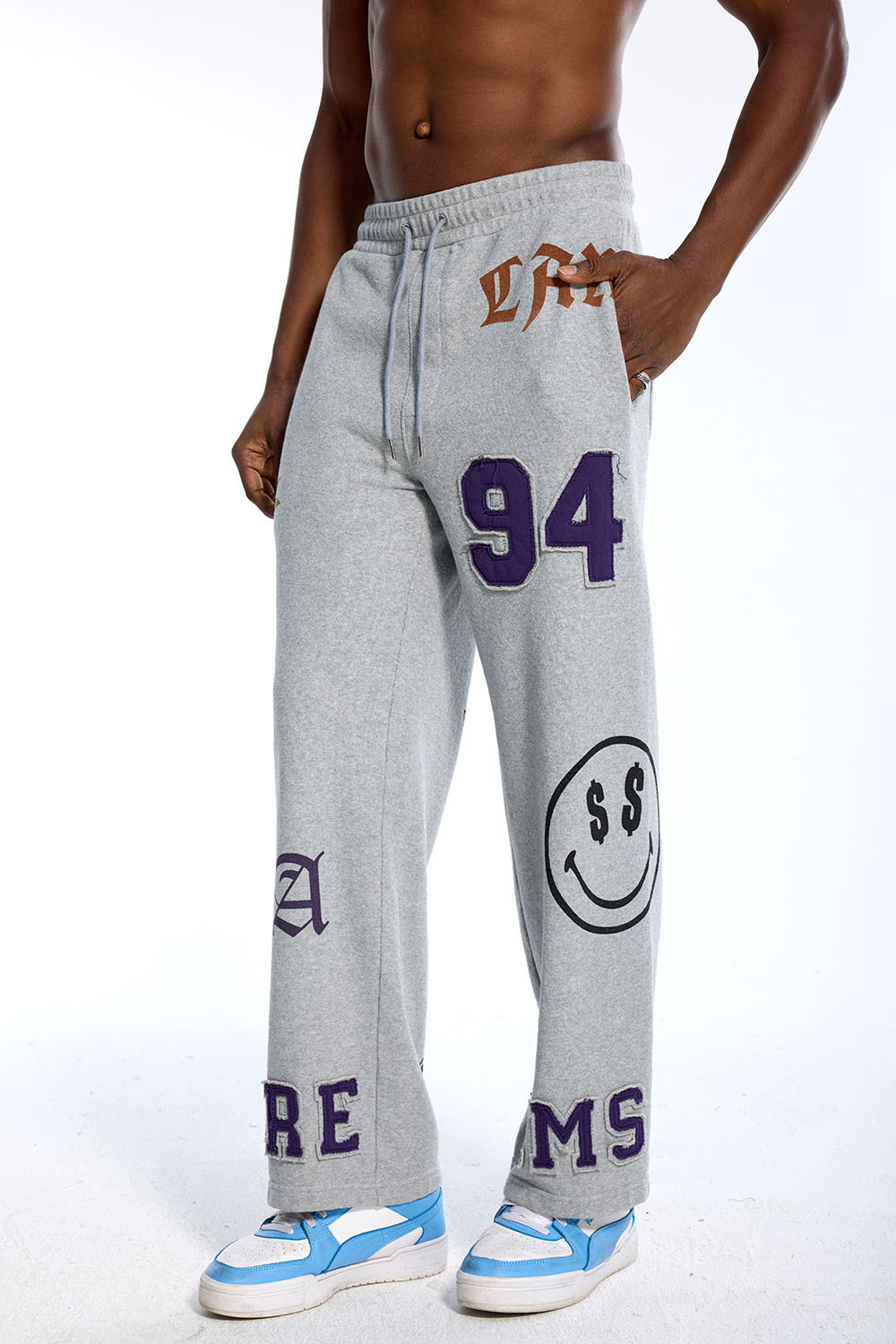 Custom Oversized Grey Sweatpants - Vintage Patch & Embroidered Detail High Street Trousers