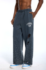 Custom Oversized Distressed Sweatpants - Pearl Stud & Rip Detail High Street Trousers
