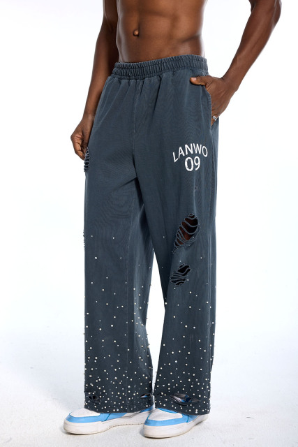 Custom Oversized Distressed Sweatpants - Pearl Stud & Rip Detail High Street Trousers