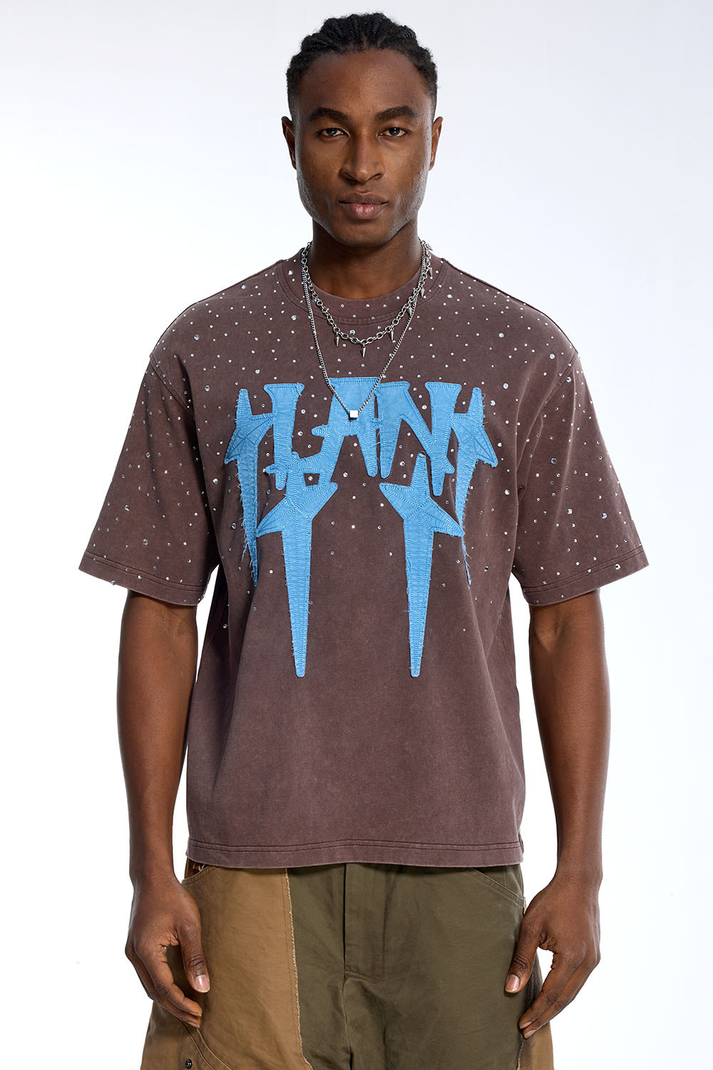 Custom Oversized Washed T-Shirt - Rhinestone & Patch Detail High Street Tee