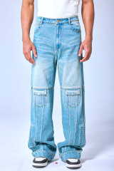 OEM Custom Logo Vintage Light Wash Paint Splatter Cargo Wide Leg Denim Pants Streetwear Baggy Jeans