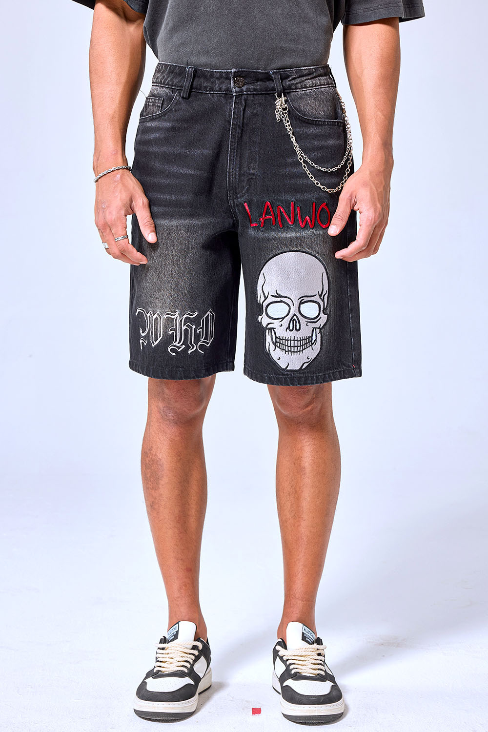 OEM Custom Logo Vintage Black Wash Skull Embroidery Denim Shorts | Gothic Baggy Streetwear Jorts