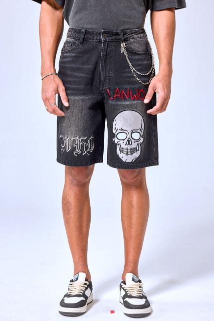 OEM Custom Logo Vintage Black Wash Skull Embroidery Denim Shorts | Gothic Baggy Streetwear Jorts