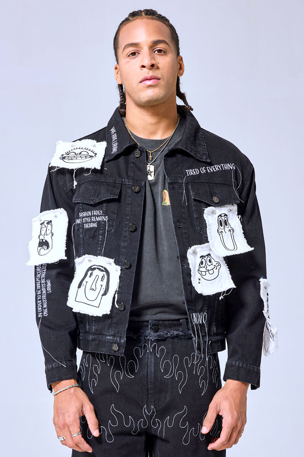 OEM Custom Logo Vintage Black Denim Jacket - Cartoon Patchwork Graffiti Streetwear Trucker Jacket