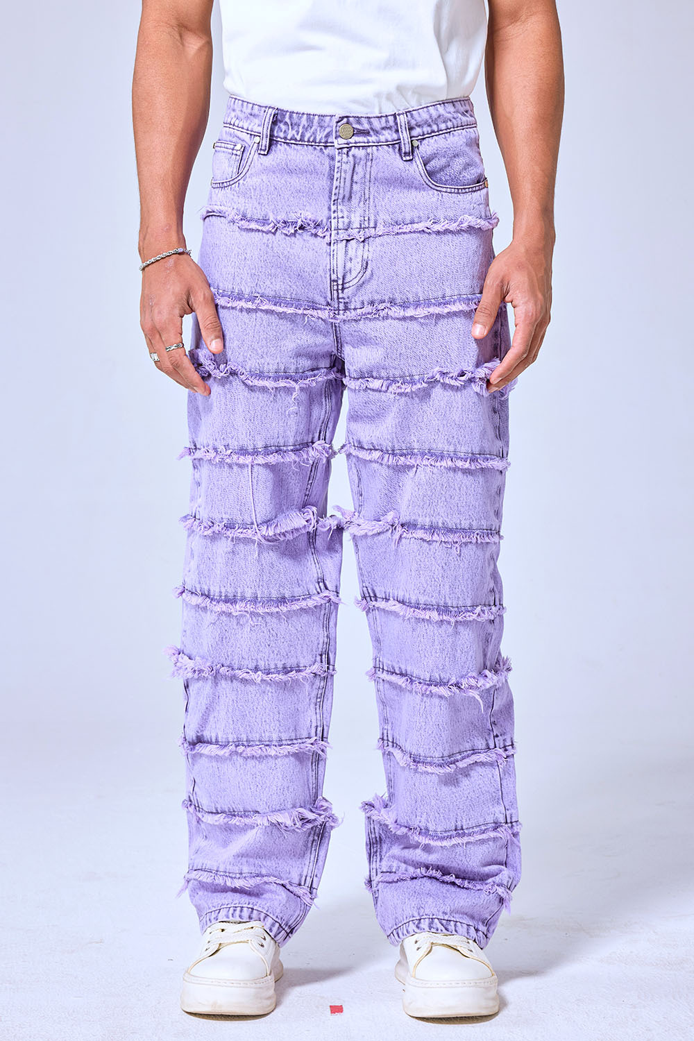 OEM Custom Logo Purple Acid Wash Stacked Fringe Denim Pants - Baggy Distressed Streetwear Jeans