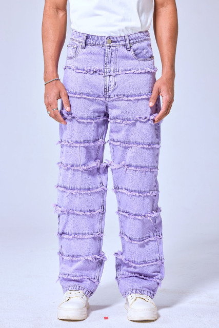OEM Custom Logo Purple Acid Wash Stacked Fringe Denim Pants - Baggy Distressed Streetwear Jeans