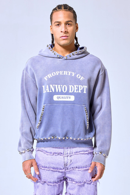 OEM Custom Logo Vintage Washed Purple Studded Hoodie - Heavyweight Streetwear Cropped Boxy Sweatshirt