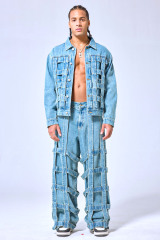 OEM Custom Logo Vintage Light Wash Cage Weave Denim Set - Oversized Streetwear Jacket & Baggy Pants Two-Piece