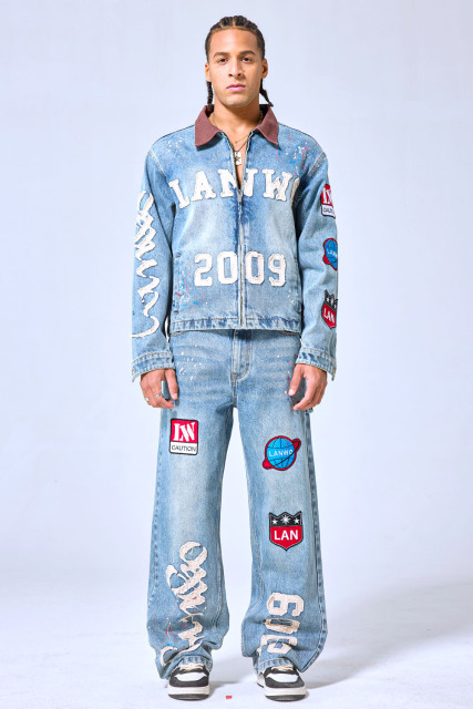 OEM Custom Logo Vintage Light Wash Patchwork Denim Set - 2009 Letterman Style Jacket & Baggy Pants Two-Piece Streetwear