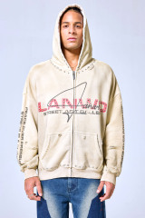 OEM Custom Logo Vintage Washed Beige Studded Zip-Up Hoodie - Distressed Street Art Gallery Oversized Hoodie