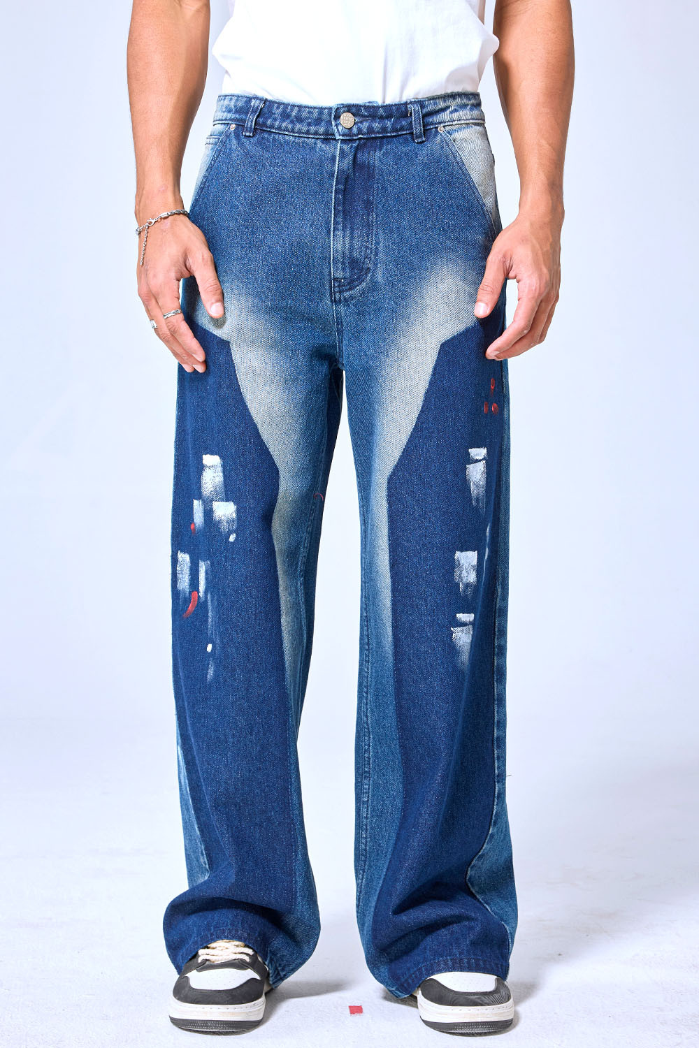 OEM Custom Logo Vintage Blue Gradient Brushstroke Wide Leg Denim Pants - Baggy Streetwear Artistic Jeans