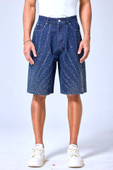 OEM Custom Logo Dark Wash Rhinestone Starburst Denim Shorts - Baggy Sparkly Streetwear Jorts