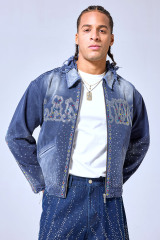 OEM Custom Logo Vintage Washed Blue Rhinestone Denim Jacket - Distressed Y2K Streetwear Studded Trucker Jacket