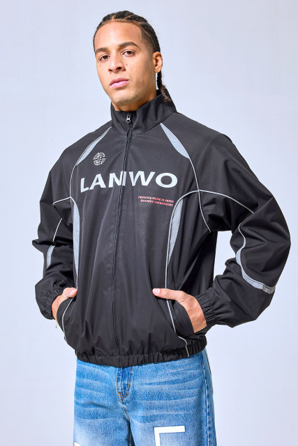 OEM Custom Logo Black Reflective Panel Track Jacket - Y2K Sportswear Streetwear Windbreaker