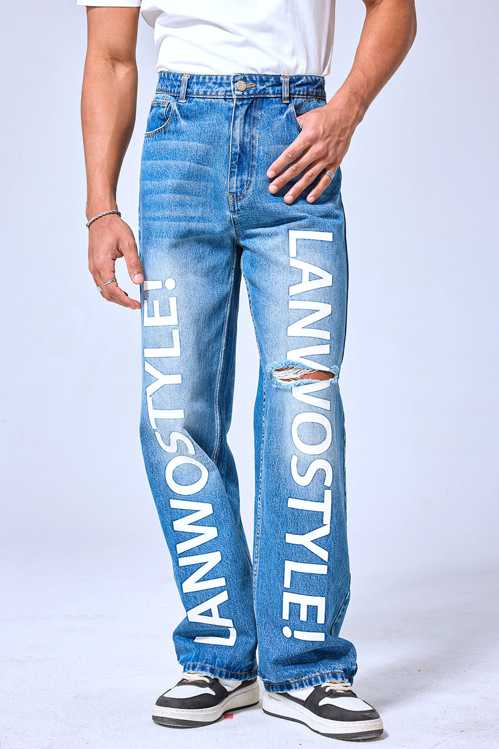 OEM Custom Logo Light Wash LANWO Style Graffiti Print Jeans - Baggy Distressed Streetwear Wide Leg Denim Pants