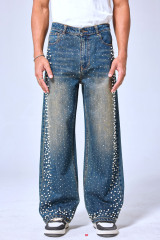 OEM Custom Logo Vintage Washed Pearl & Rhinestone Wide Leg Denim Pants - Baggy Streetwear Sparkly Jeans