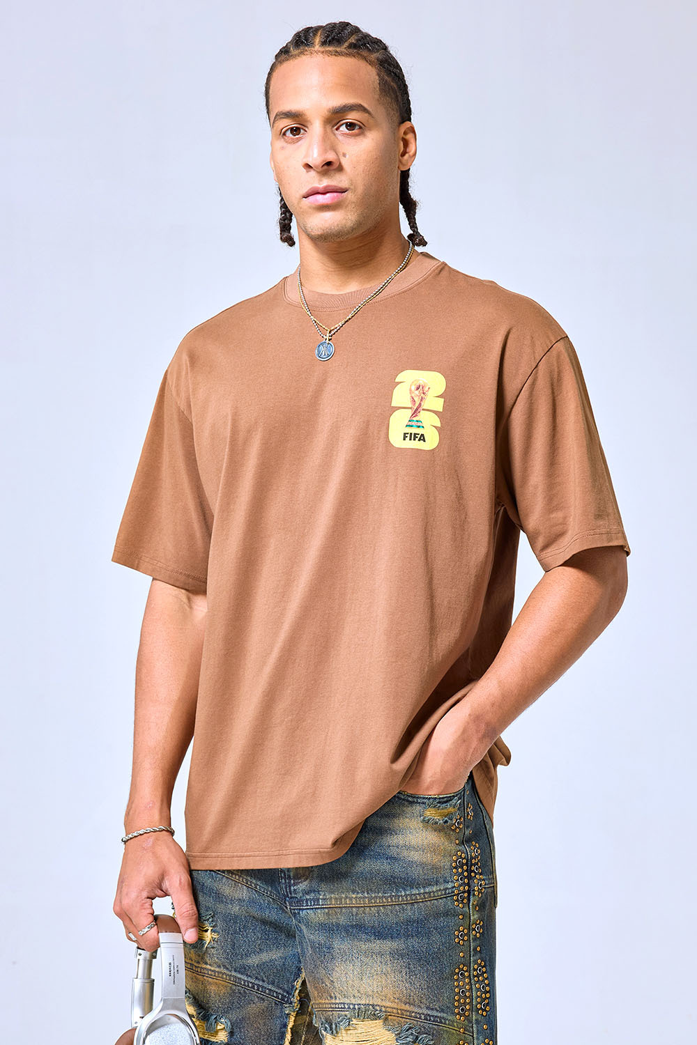 OEM Custom Logo Brown Oversized 2026 FIFA World Cup Graphic T-Shirt - Streetwear Boxy Cotton Tee