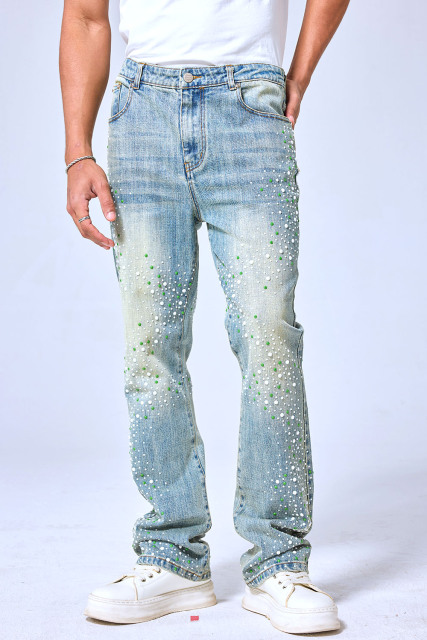 OEM Custom Logo Vintage Light Wash Green & White Rhinestone Stacked Flare Denim Pants - Streetwear Sparkly Jeans