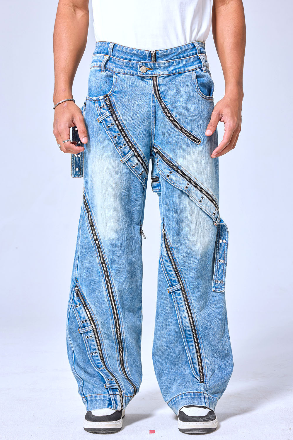 OEM Custom Logo Vintage Light Wash Multi-Zipper Wide Leg Denim Pants - Deconstructed Streetwear Baggy Jeans