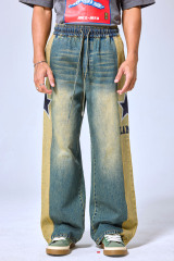 OEM Custom Logo Vintage Two-Tone Star Patch Elastic Waist Wide Leg Jeans - Streetwear Baggy Denim Pants