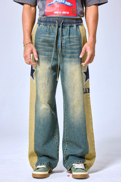 OEM Custom Logo Vintage Two-Tone Star Patch Elastic Waist Wide Leg Jeans - Streetwear Baggy Denim Pants