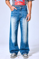 OEM Custom Logo Vintage Faded Blue Wide Leg Baggy Jeans - Streetwear Washed Denim Pants