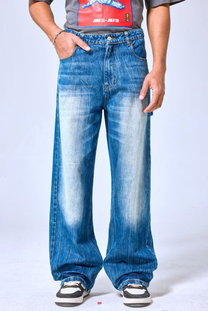 OEM Custom Logo Vintage Faded Blue Wide Leg Baggy Jeans - Streetwear Washed Denim Pants