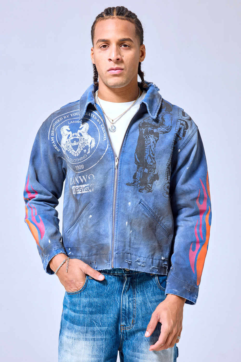 OEM Custom Logo Vintage Washed Blue Flame Print Denim Jacket - Distressed Y2K Streetwear Graphic Trucker Jacket