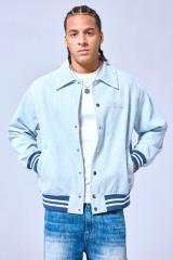 OEM Custom Logo Light Wash Denim Varsity Jacket - Casual Streetwear Embroidered Letterman Style Coat