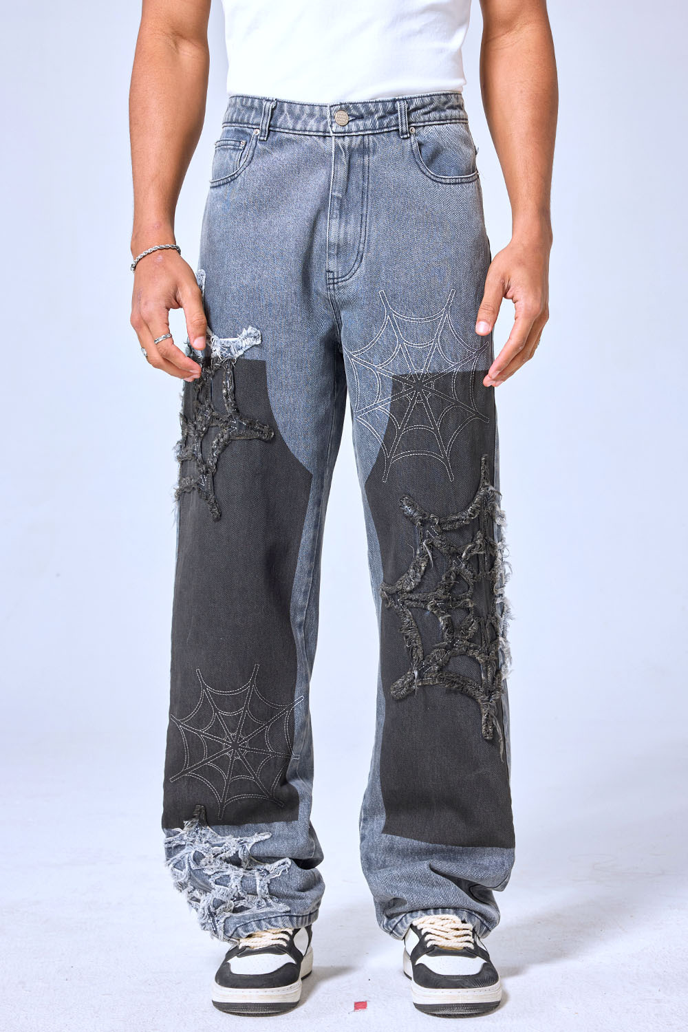 OEM Custom Logo Spiderweb Patchwork Baggy Jeans - Gothic Streetwear Distressed Wide Leg Denim Pants