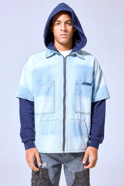 OEM Custom Logo Two-Tone Denim Hoodie Jacket - Layered Streetwear Zip-Up Shirt