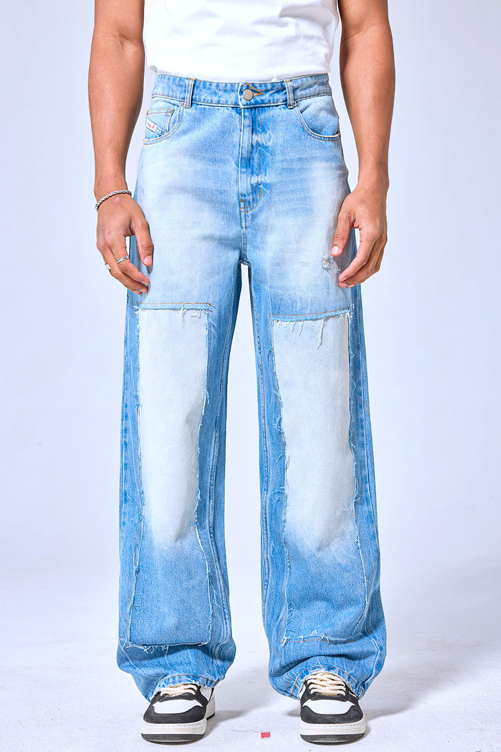 OEM Custom Logo Two-Tone Patchwork Baggy Jeans - Vintage Washed Wide Leg Denim Pants