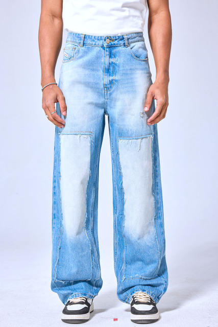 OEM Custom Logo Two-Tone Patchwork Baggy Jeans - Vintage Washed Wide Leg Denim Pants