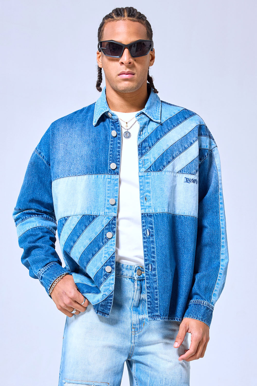 OEM Custom Logo Patchwork Denim Shirt Jacket - Color Block Streetwear Button-Up Shacket